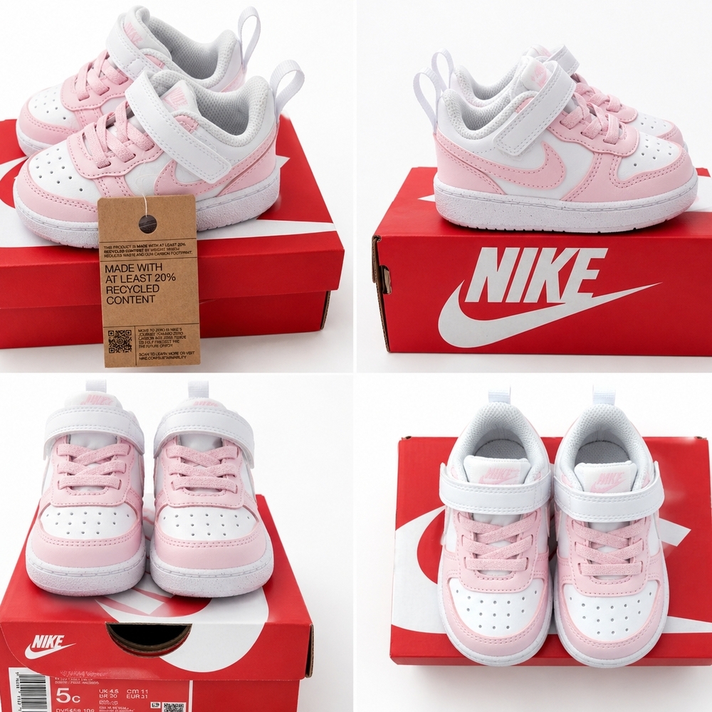 Nike Kids Pink and White Low-Top Sneakers with Hook-and-Loop Strap
